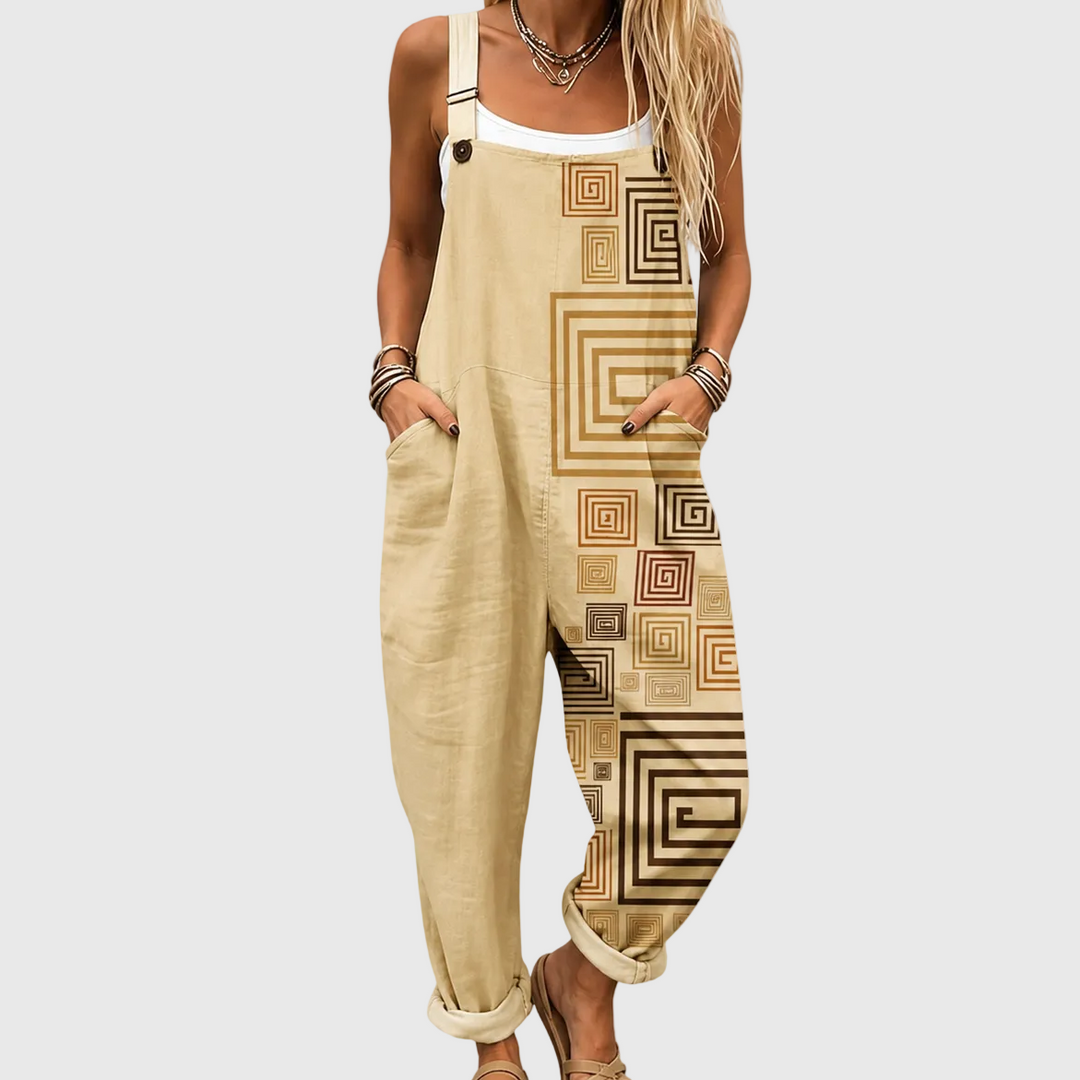 Beige Latzhose mit Mäander-Muster für Damen