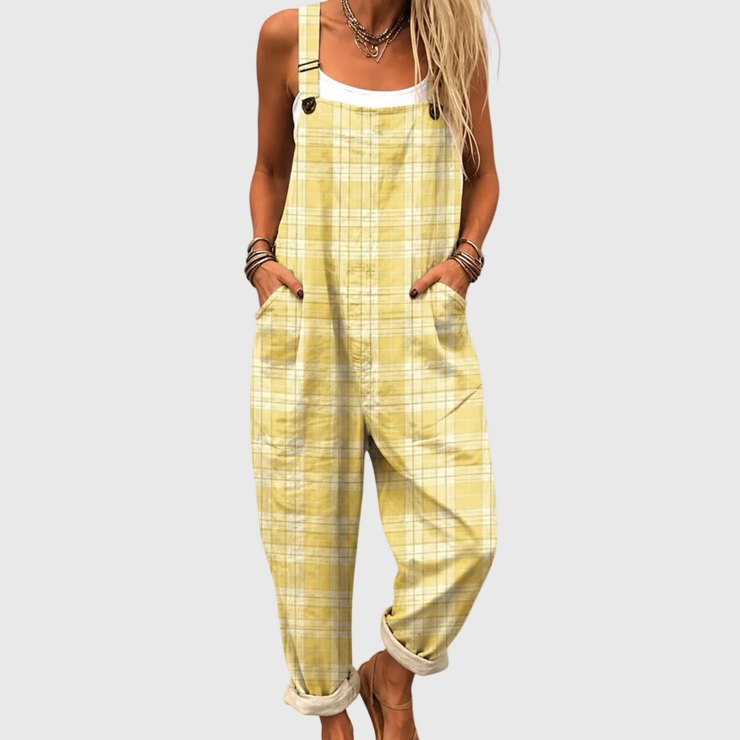 Zartgelbe Latzhose mit Karomuster für Damen