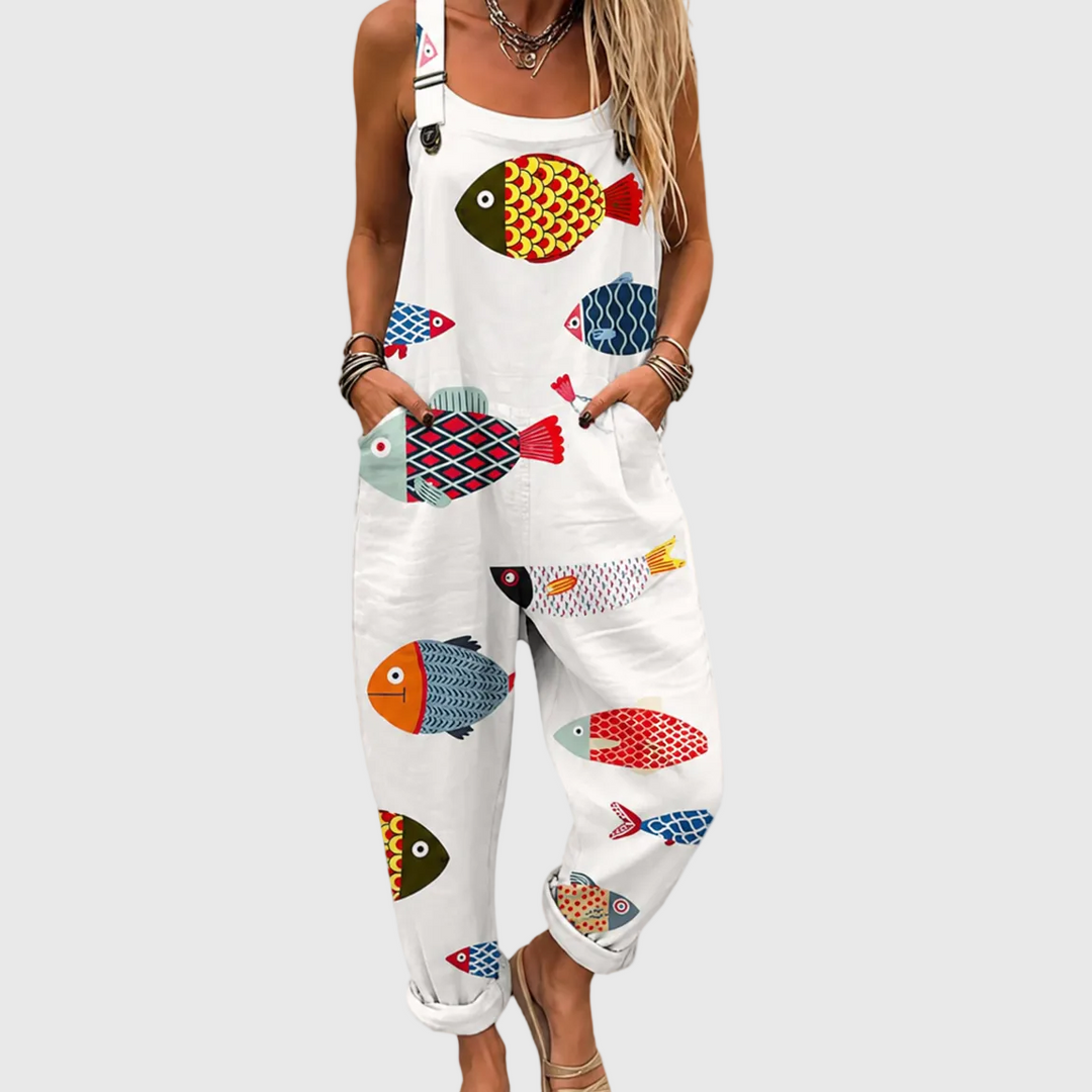 Latzhose mit bunten Retro-Fischen für Damen