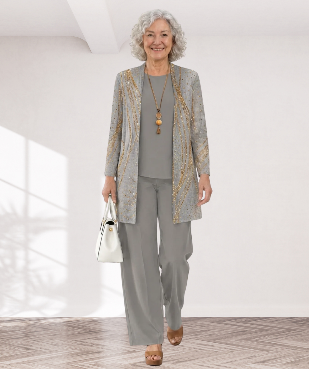 Katrin – dreiteiliges Damen-Set in Hellgrau: Oberteil, weite Hose und langer Cardigan