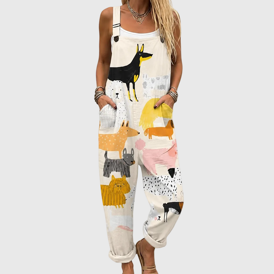 Latzhose mit bunten Hunden Creme für Damen
