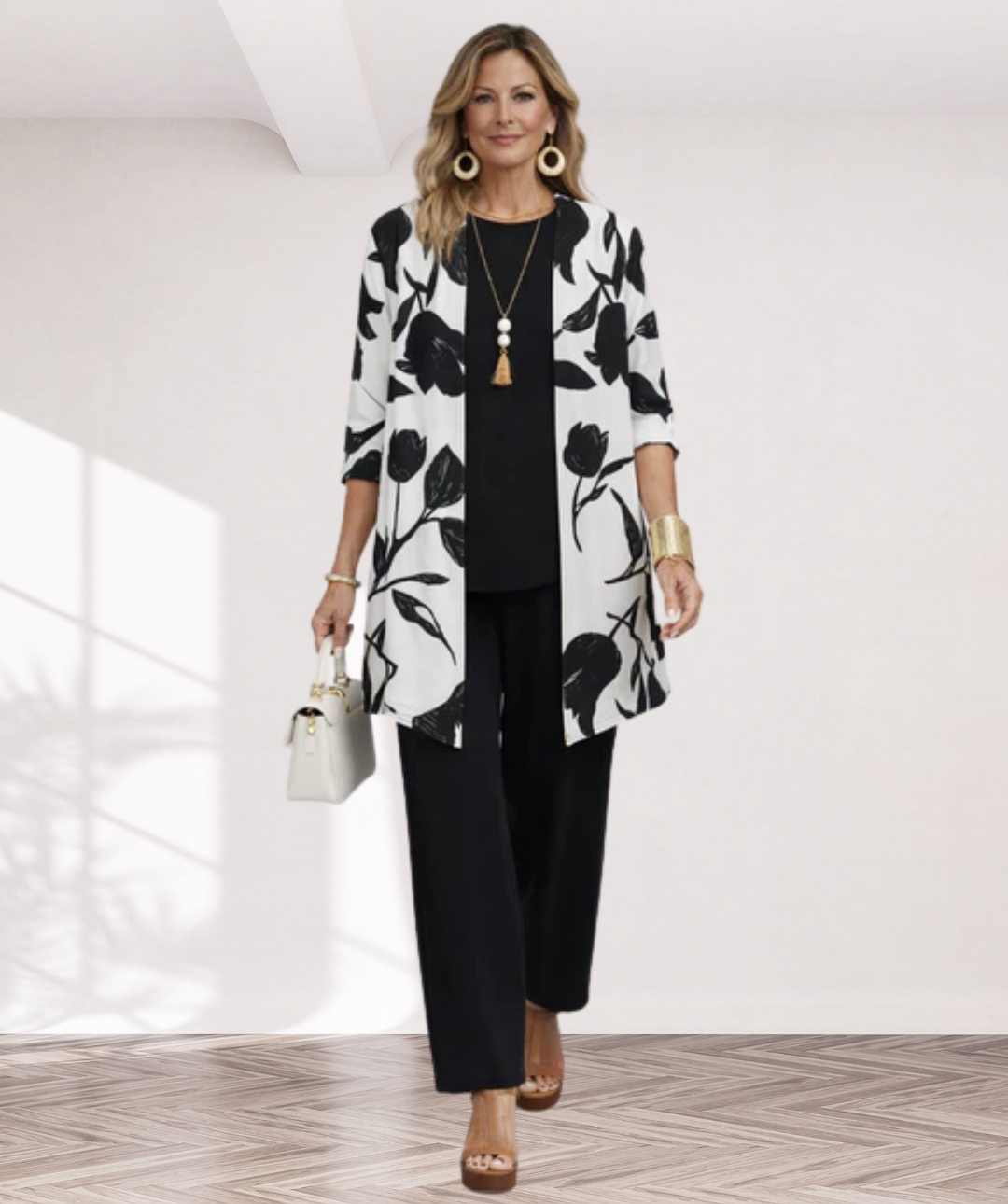 Jana – dreiteiliges Damen-Set in Schwarz und Grau: Oberteil, weite Hose und langer Cardigan