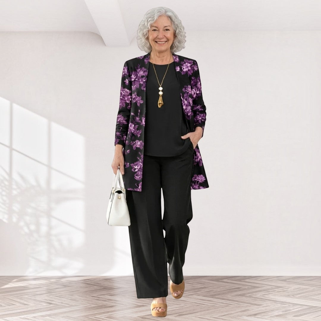 Gudrun – dreiteiliges Damen-Set in Anthrazit: Oberteil, weite Hose und langer Cardigan
