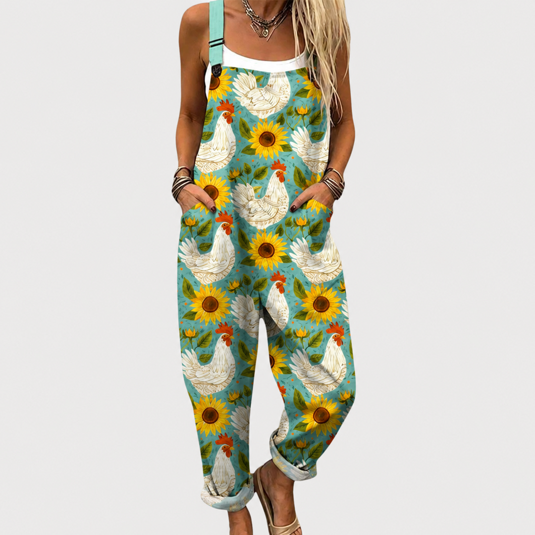 Türkise Latzhose Hühner und Sonnenblumen für Damen