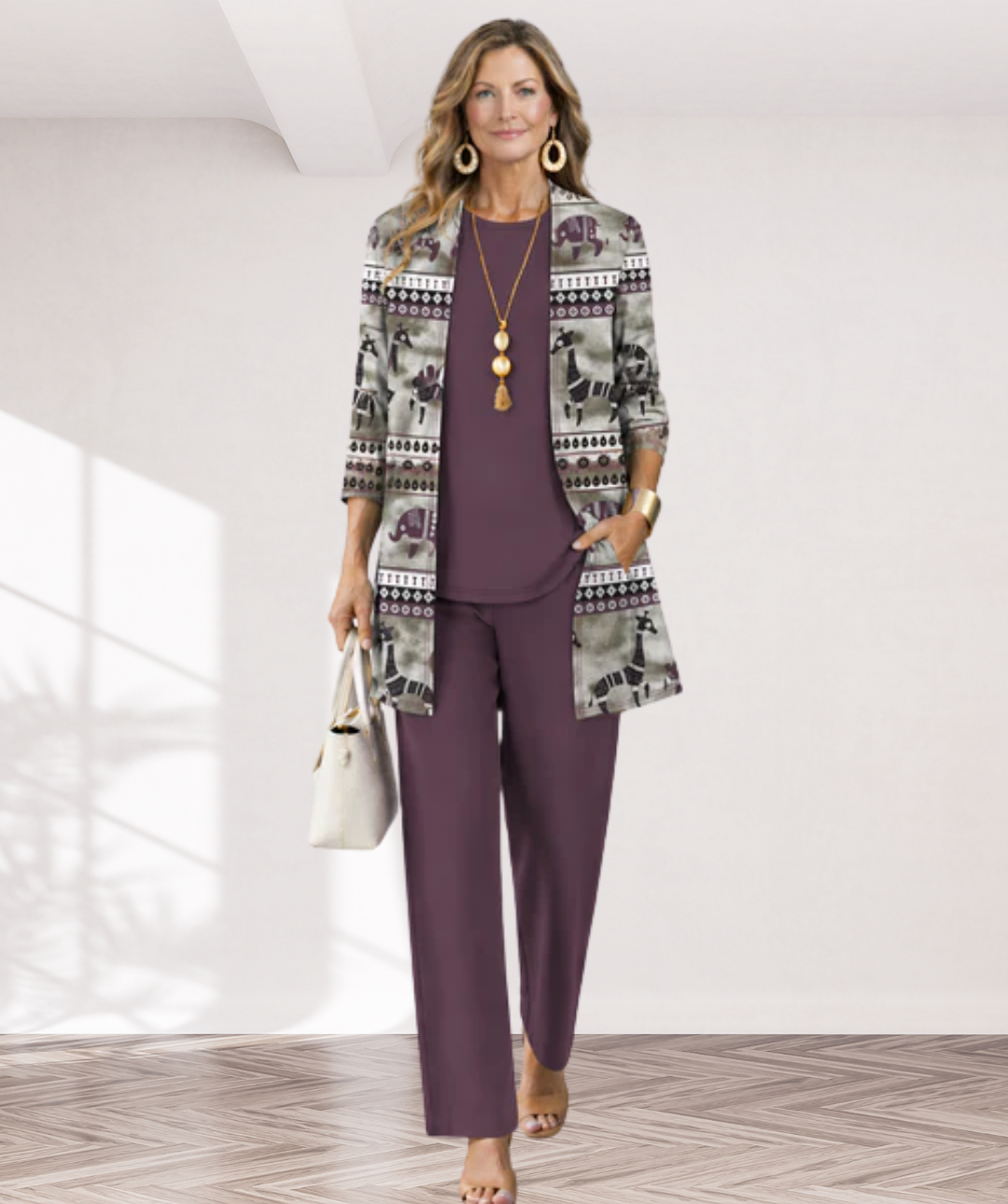 Elke – dreiteiliges Damen-Set in Mauve: Oberteil, weite Hose und langer Cardigan