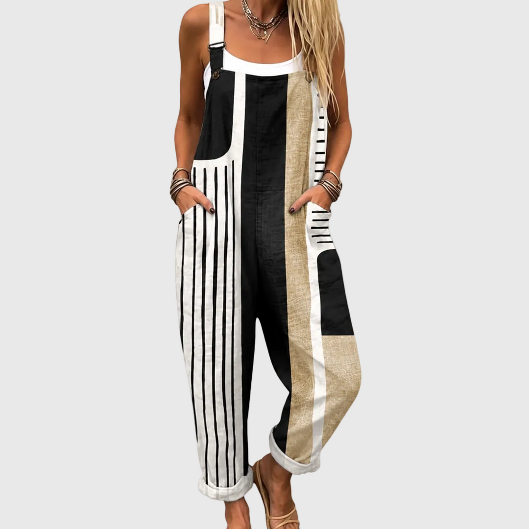 Grafische Latzhose Schwarz-Weiß-Beige für Damen