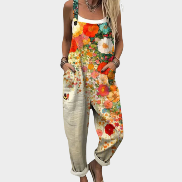 Marlene | Beige Latzhose mit Blütenkaskade