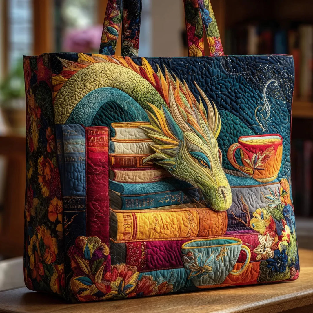 Handgefertigte Tasche | Drachenleser mit Büchern und Tassen