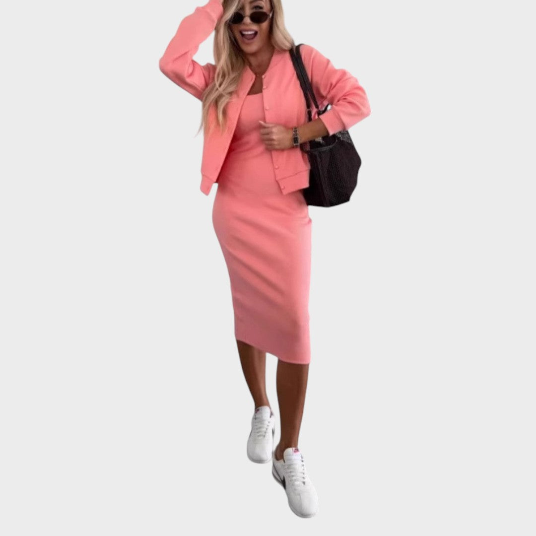 Karin | Midi-Kleid und Bomberjacke aus Rippstrick