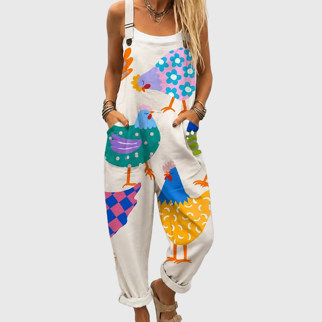 Latzhose mit Pop-Art-Hühnern Creme für Damen