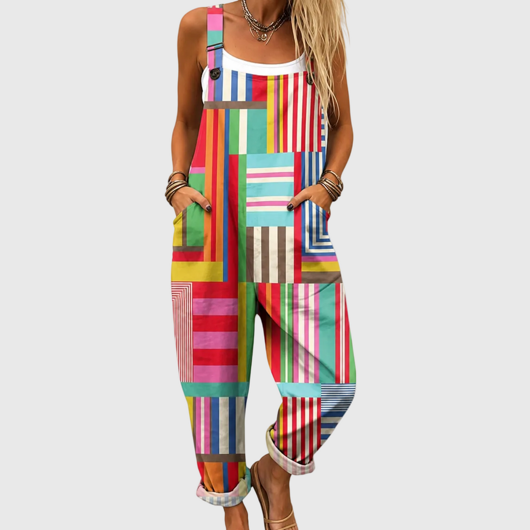 Bunte Latzhose mit Streifen-Patchwork für Damen