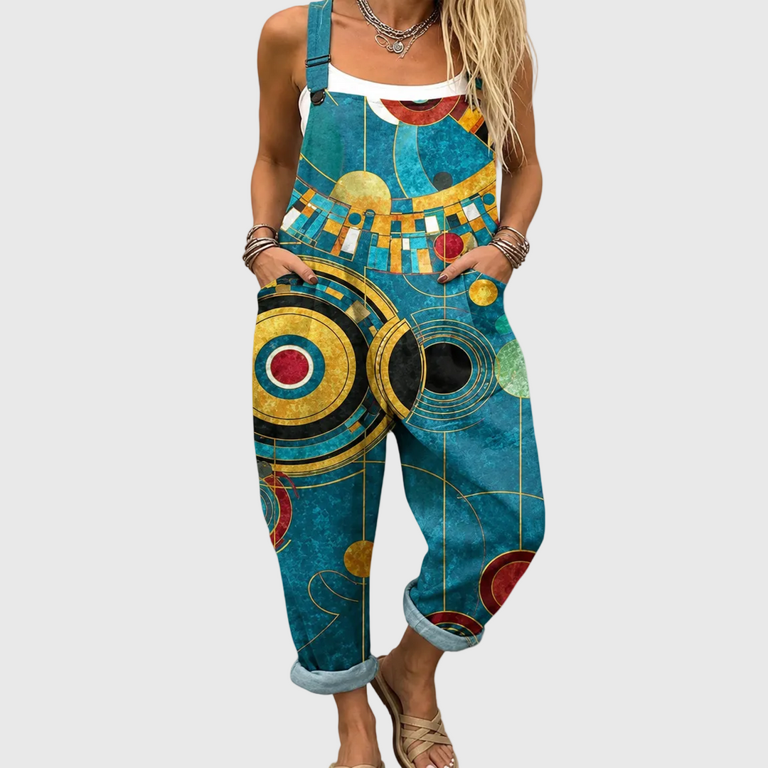 Latzhose mit Art-Deco-Kreisen Petrol für Damen