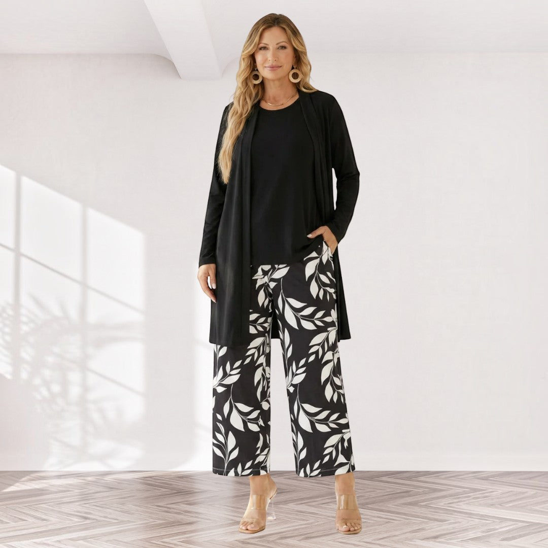 Josefine – dreiteiliges Damen-Set in Grau und Schwarz: Oberteil, weite Hose und langer Cardigan