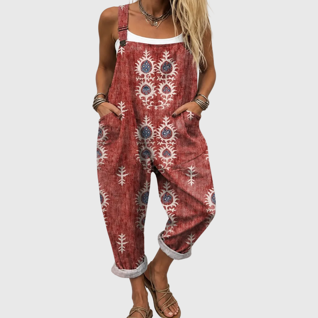 Rostrote Latzhose mit Boho-Ornamenten für Damen