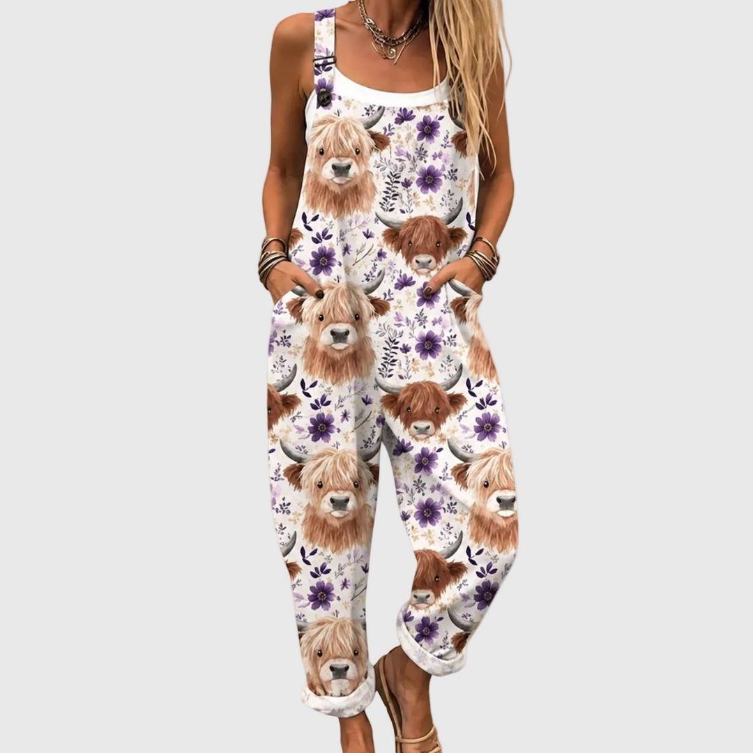 Weiße Latzhose mit Hochlandrindern für Damen