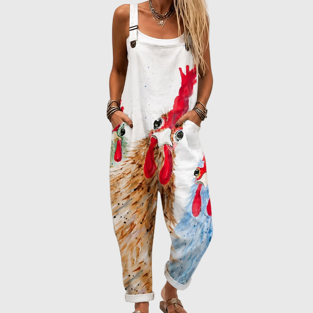 Latzhose mit Aquarell-Hühnern Weiß für Damen