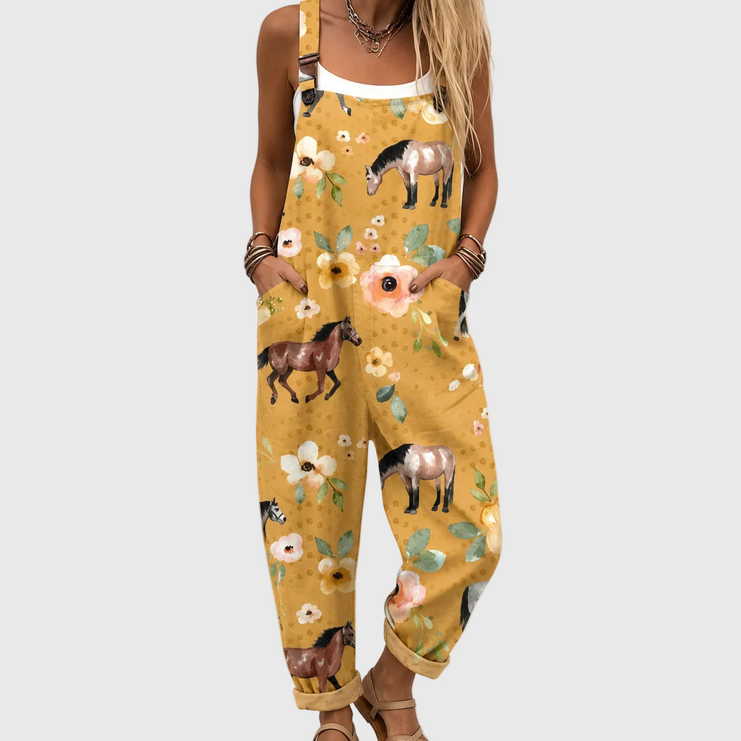 Senfgelbe Latzhose mit Pferden für Damen