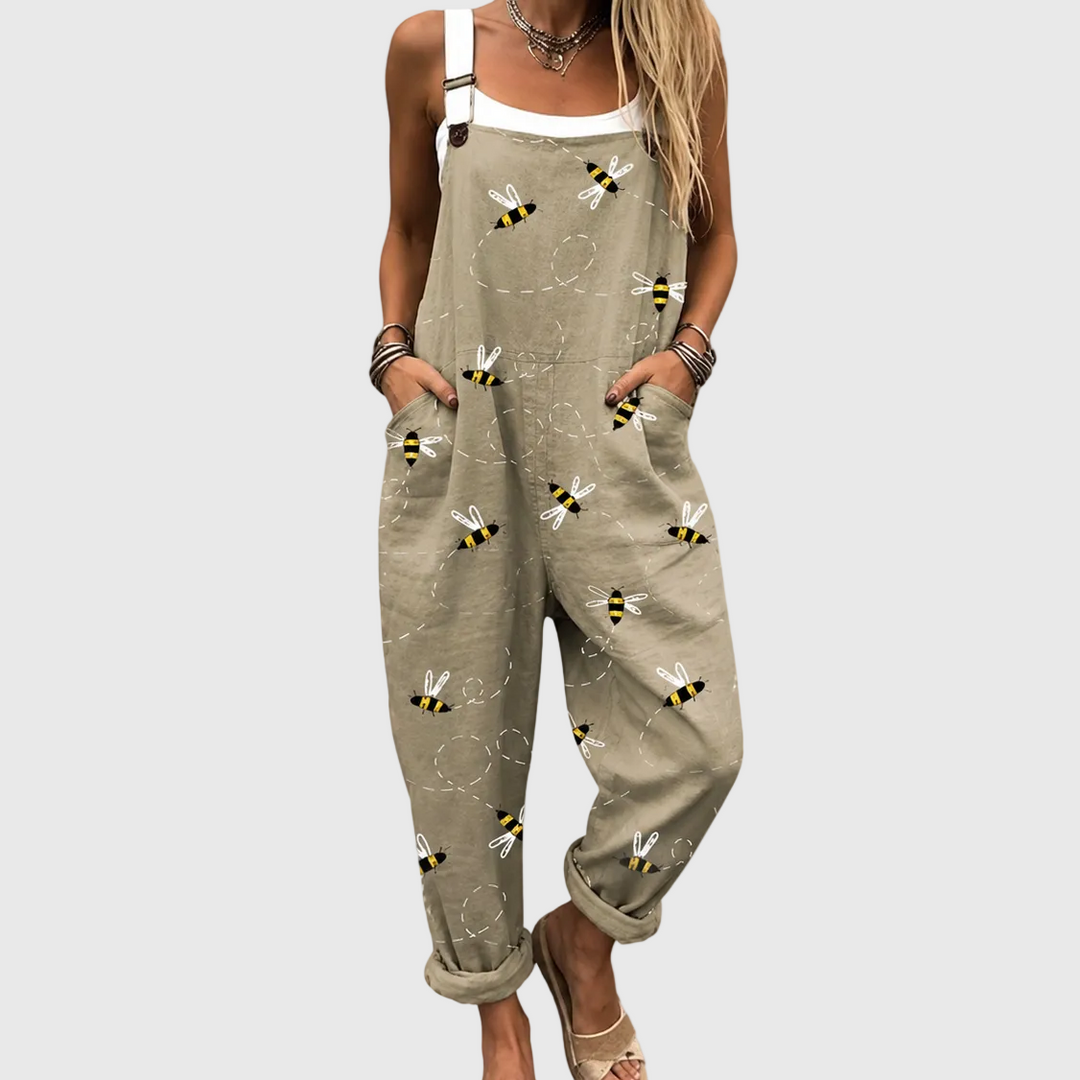 Beige Latzhose mit Bienen und Flugspuren für Damen