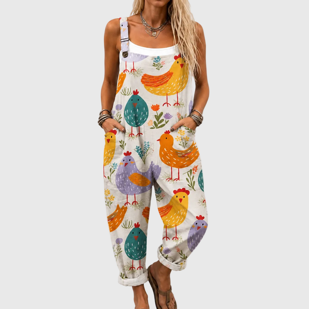 Latzhose mit Hühnern und Blümchen für Damen