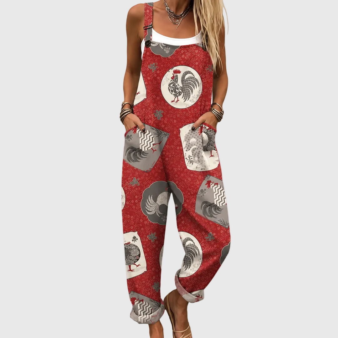 Rote Latzhose mit Vintage-Hähnen für Damen