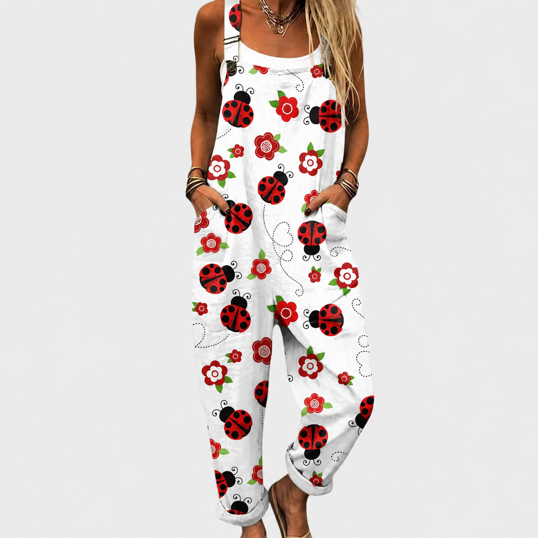 Weiße Latzhose mit Marienkäfern für Damen
