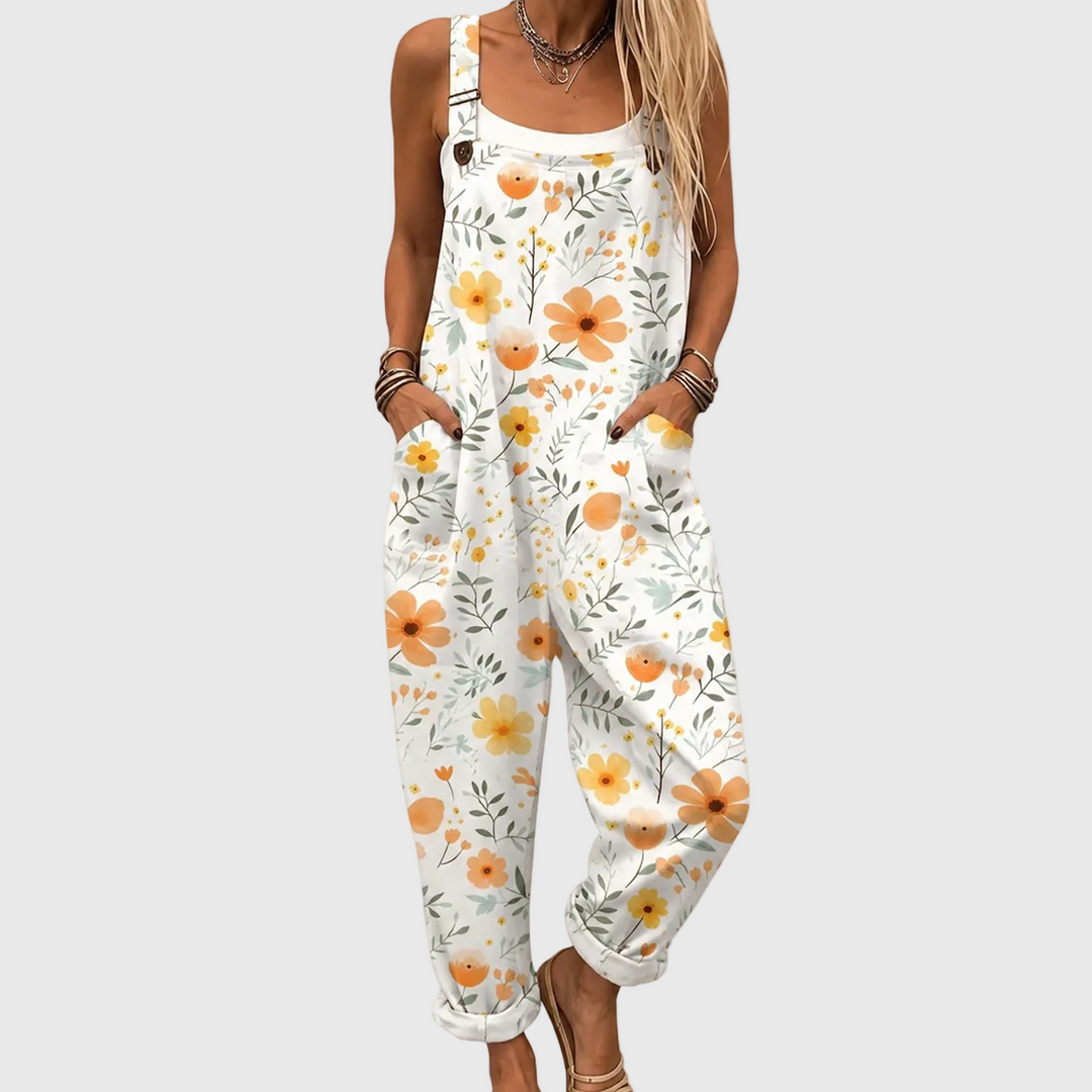 Weiße Latzhose mit Aquarell-Blüten für Damen