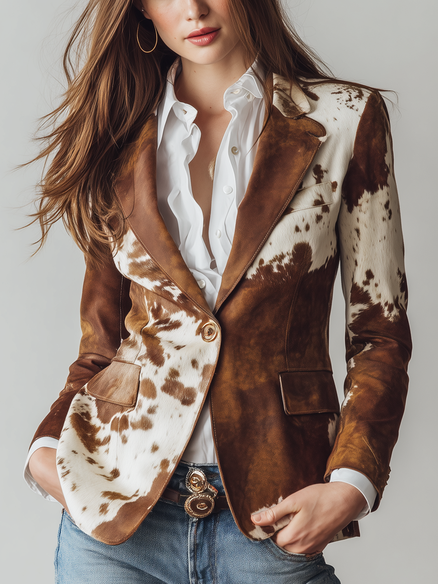 Damen Vintage Kuhdruck Umweltfreundlicher Blazer