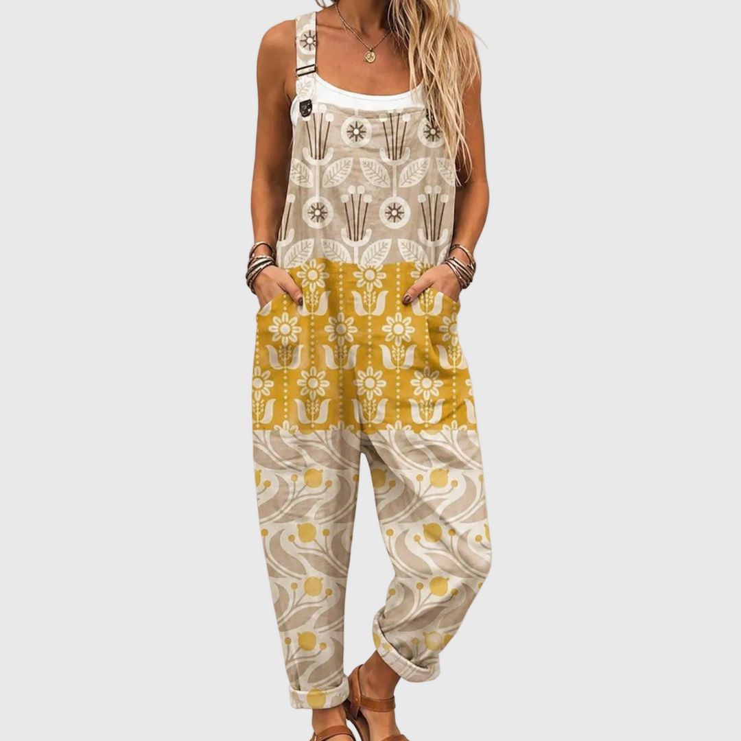 Latzhose im Folklore-Patchwork Beige für Damen
