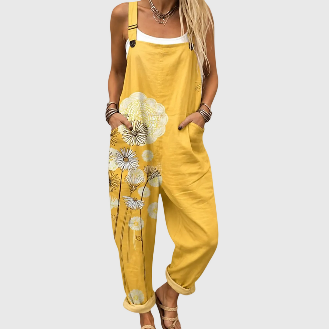 Gelbe Latzhose mit Pusteblumen für Damen