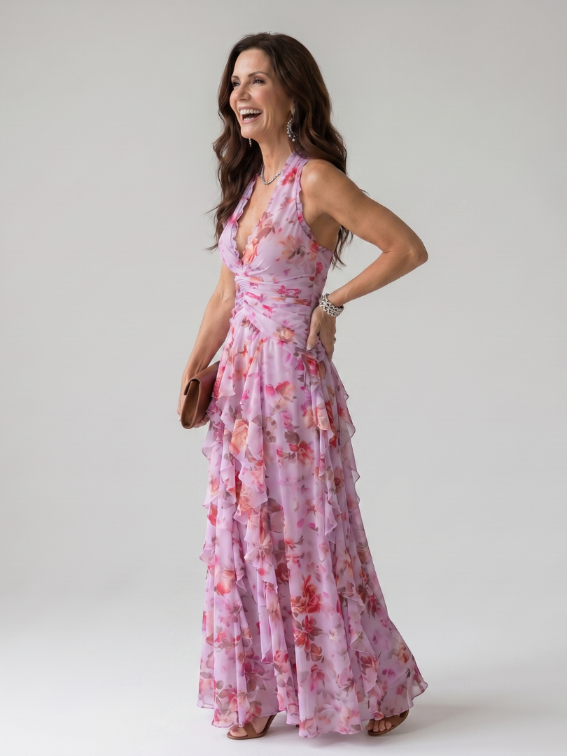 Nori | Halter Neck Rüschenoberteil Floral Maxi Kleid