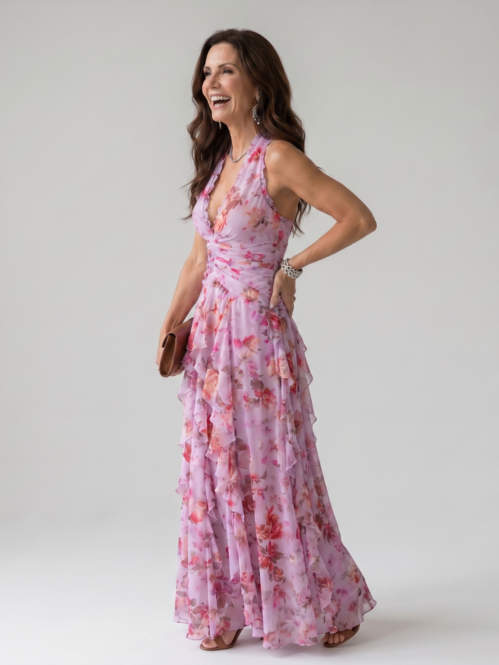 Nori | Halter Neck Rüschenoberteil Floral Maxi Kleid