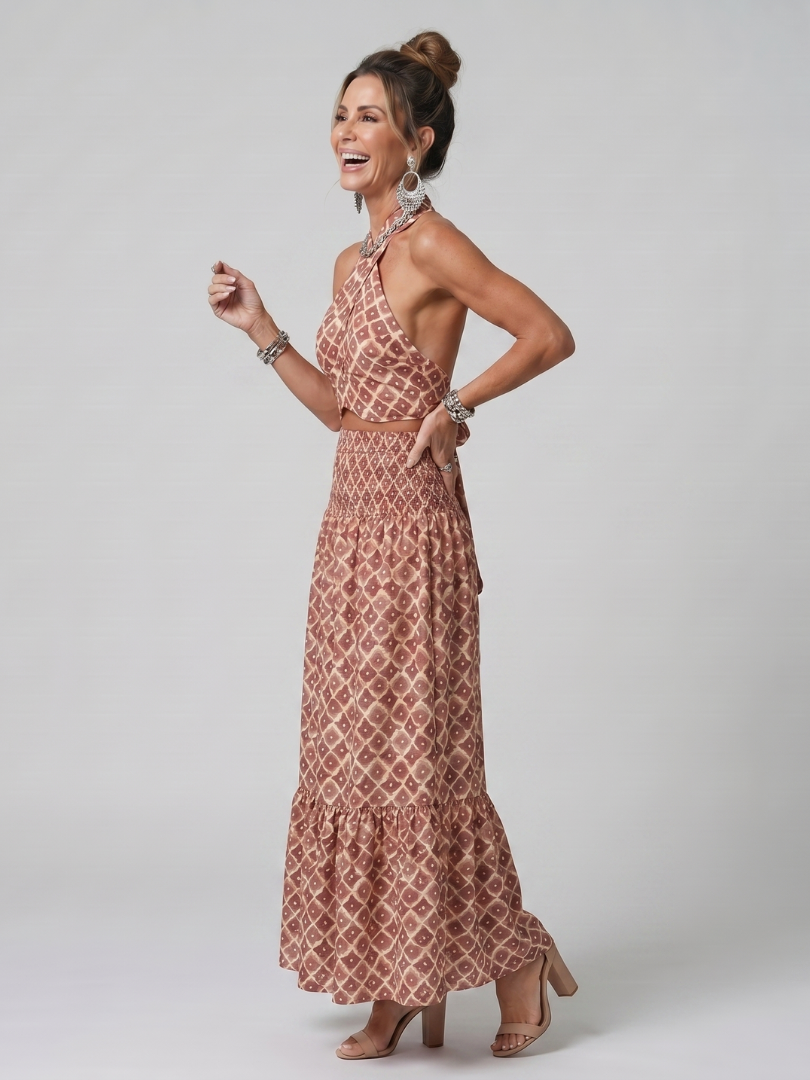 Amira | Kreuz-Halter Geometrischer Print Cutout Midi Kleid