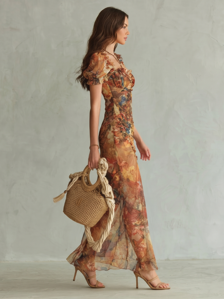 Ciel | Rüschärmeliges, gerafftes Midikleid mit Schlitz