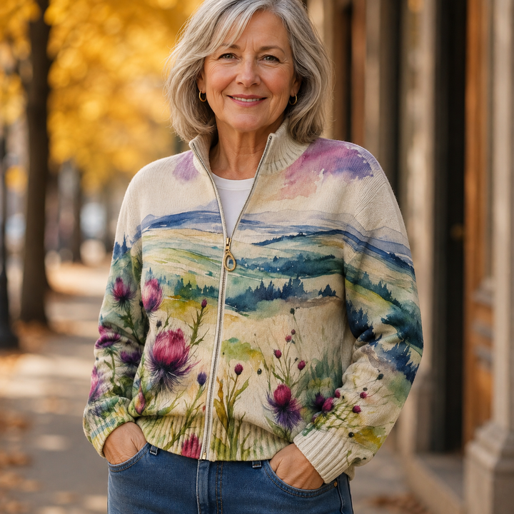 Zelda™ | Schottische Distel Landschaft Zip Cardigan