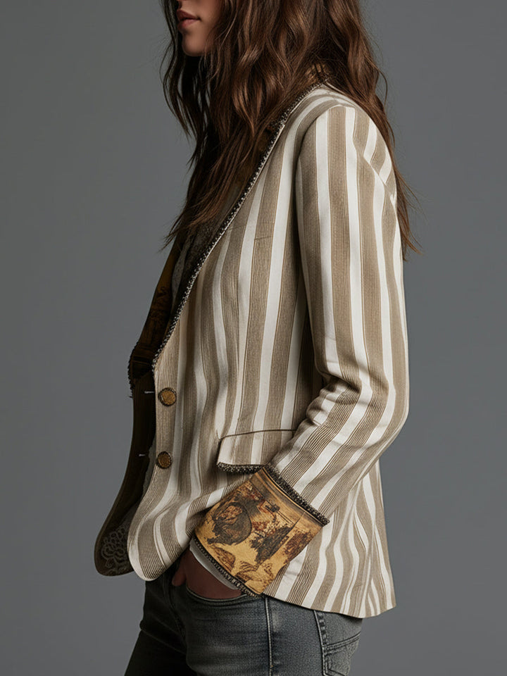 Damen Boho Gestreifter Bedruckter Revers Blazer