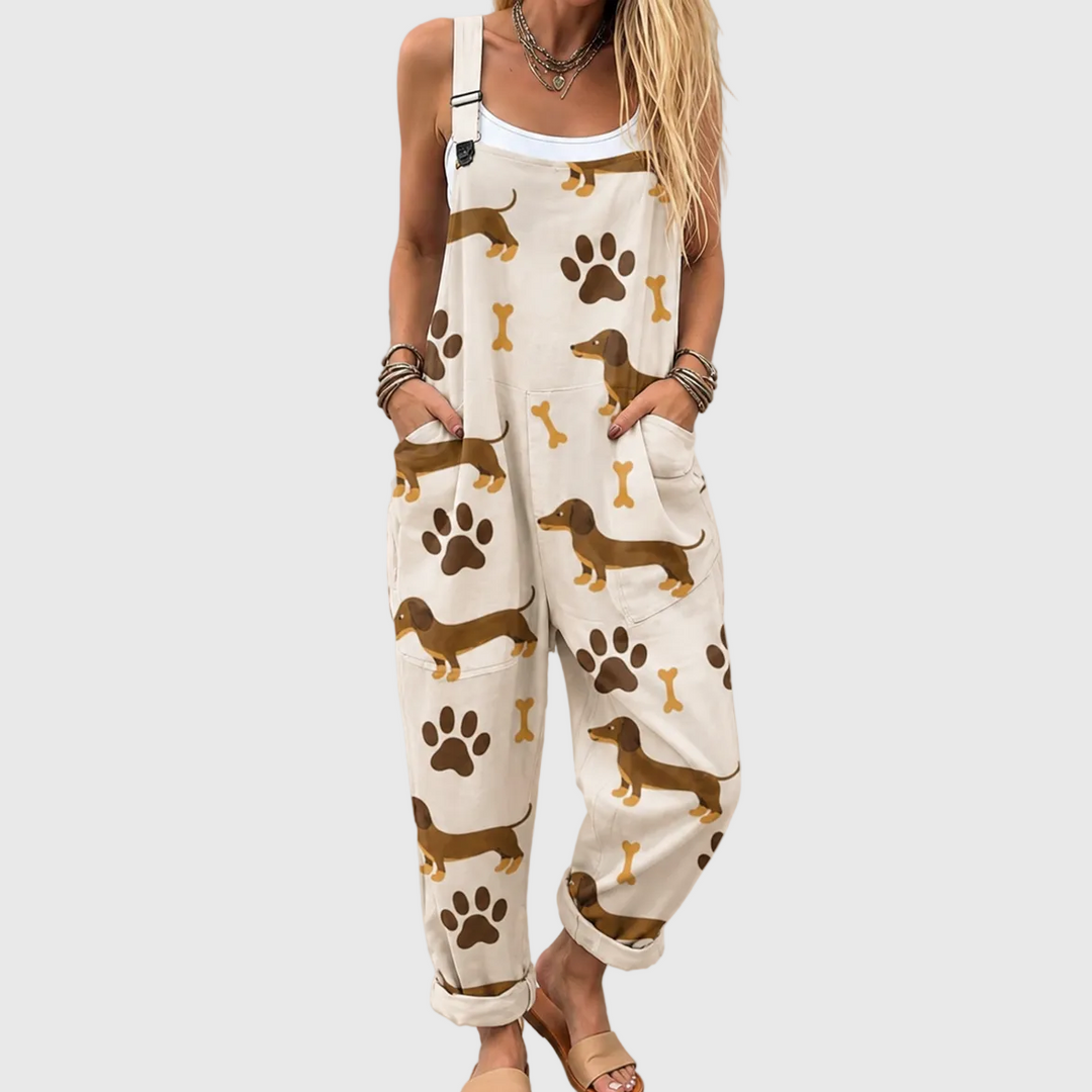 Beige Latzhose mit Dackeln für Damen