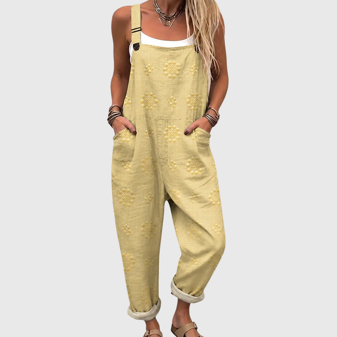 Hellgelbe Latzhose mit Blütenmedaillons für Damen