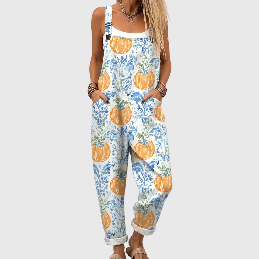Weiße Latzhose mit Kürbissen für Damen