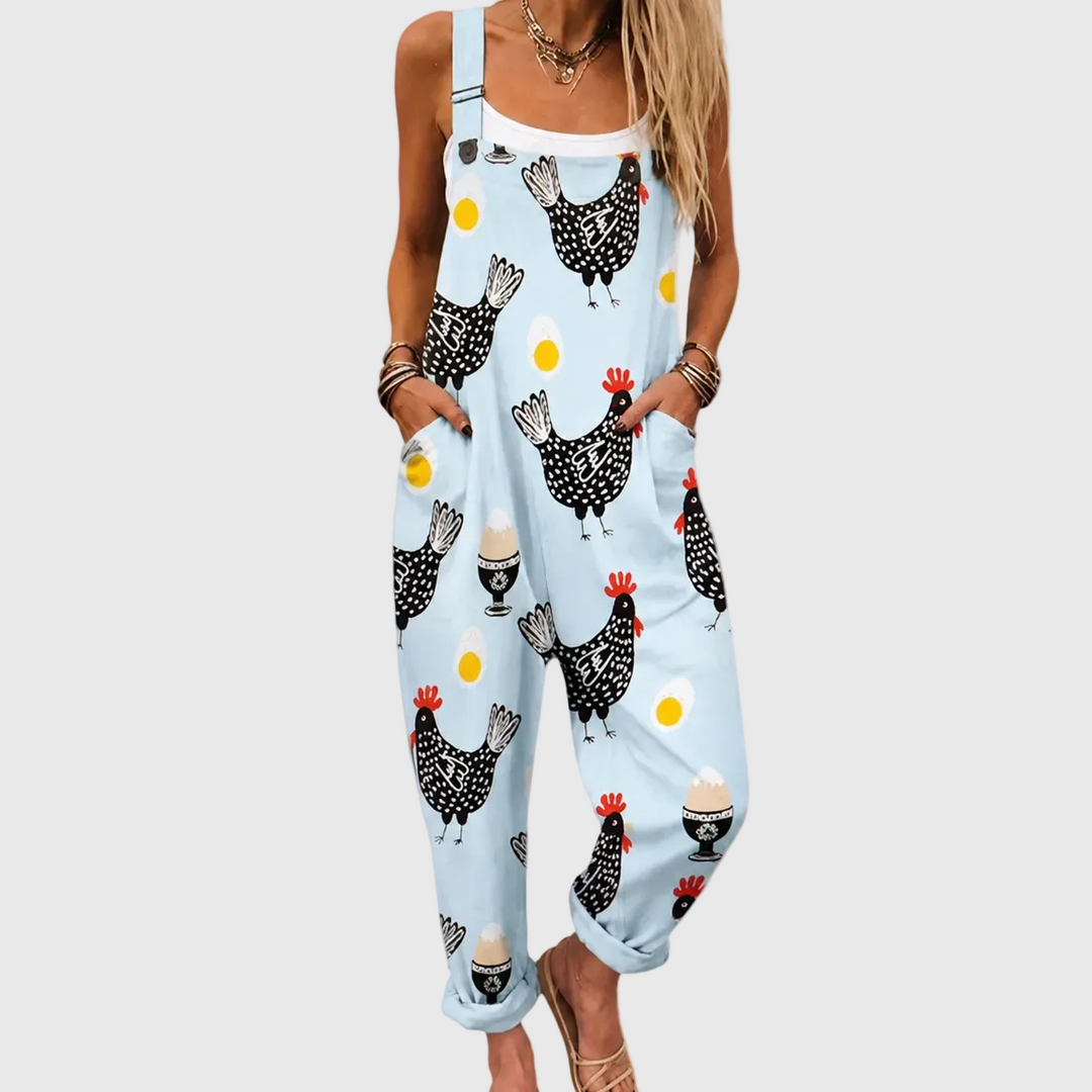 Latzhose mit Hühnern und Eiern Hellblau für Damen