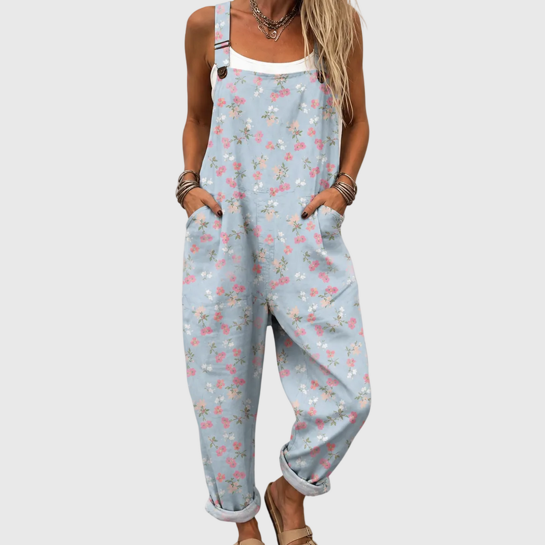 Hellblaue Latzhose mit Streublümchen für Damen