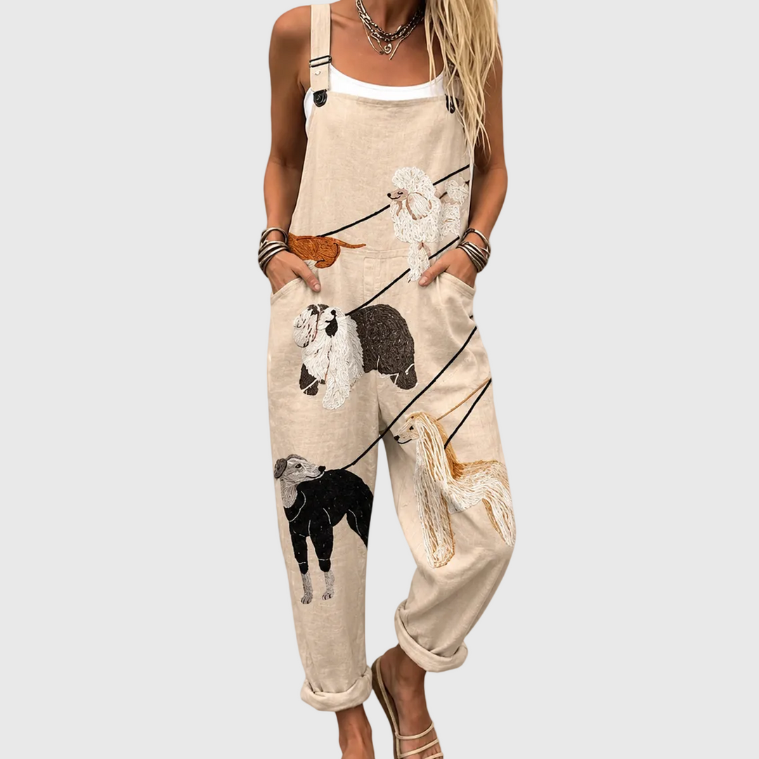Beige Latzhose mit Hunden in Stickerei-Optik für Damen