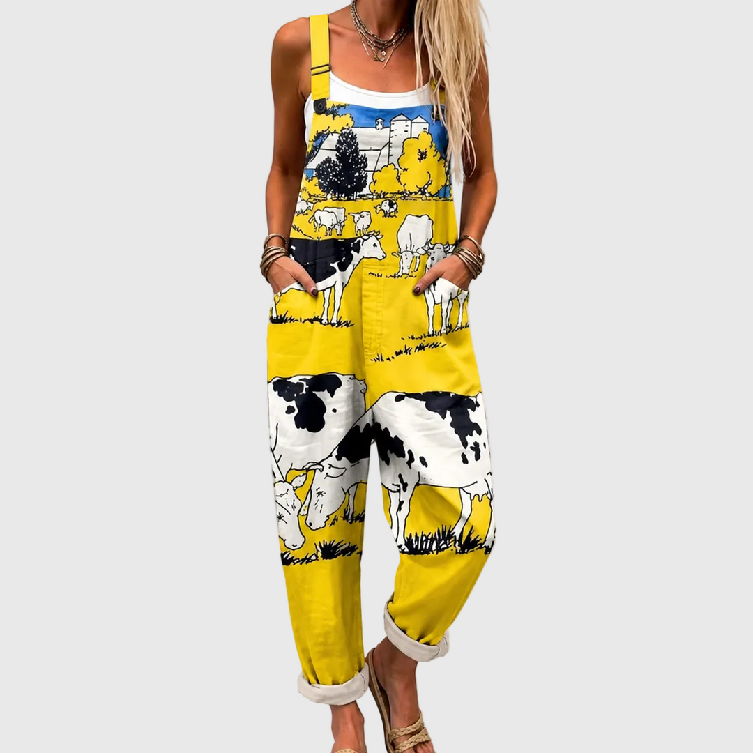 Latzhose mit Kuh-Motiv Gelb für Damen