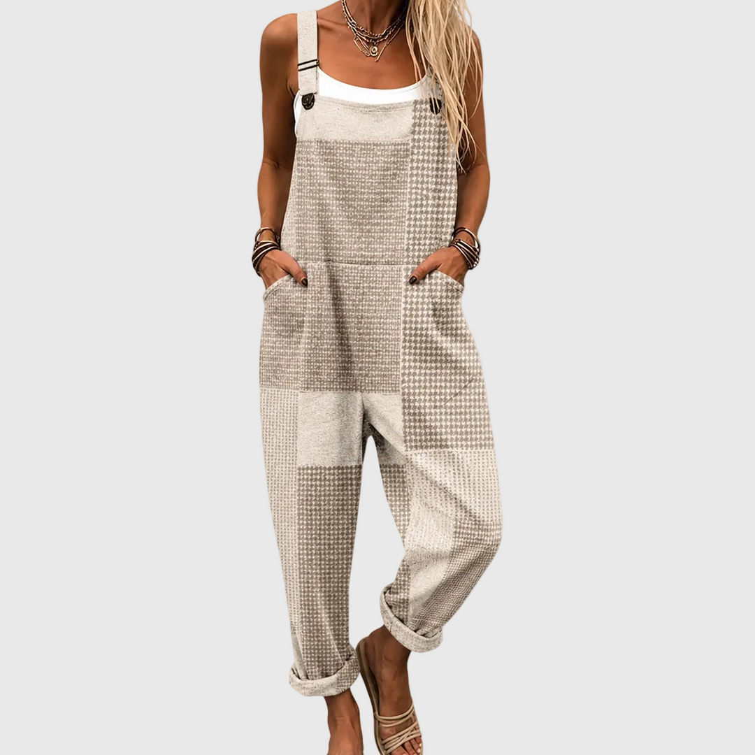 Beige Latzhose mit Hahnentritt für Damen