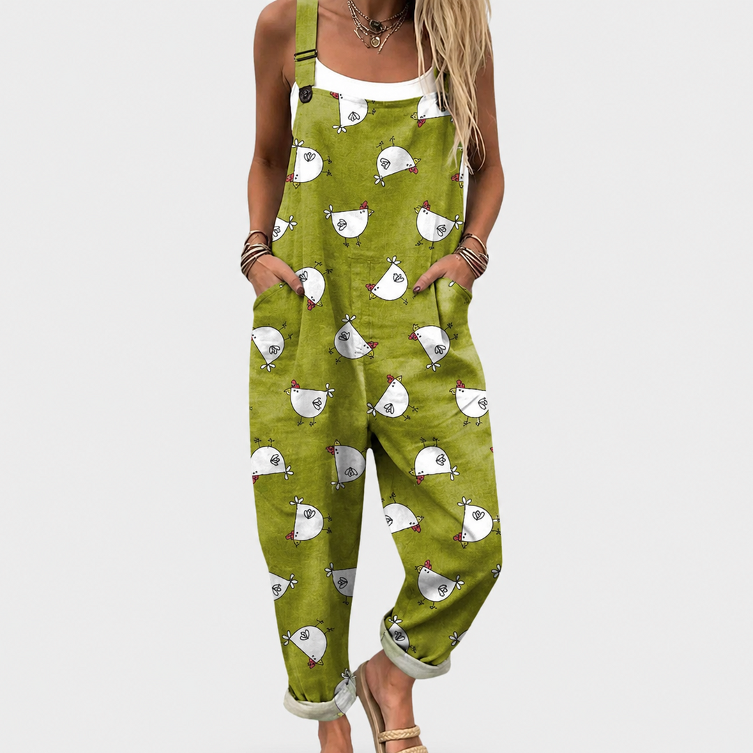 Latzhose mit Hühnern Olivgrün für Damen