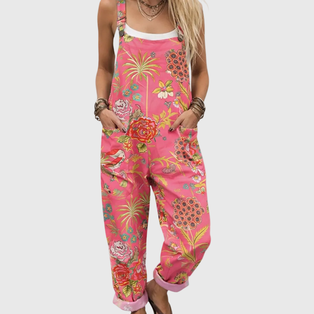 Pinke Latzhose mit Rosen und Palmen für Damen