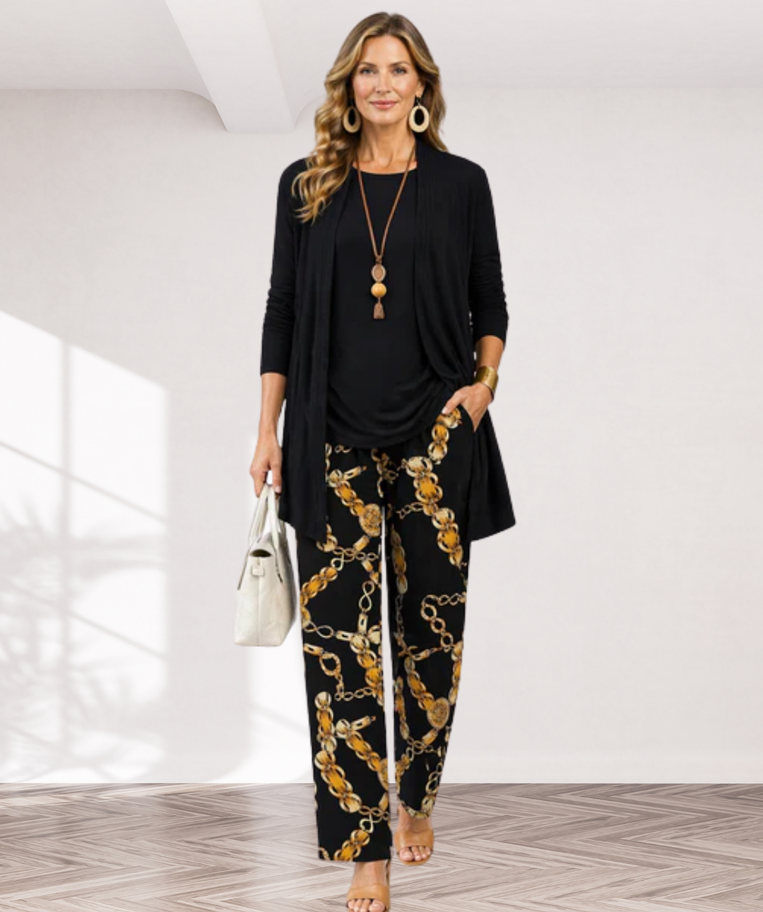 Helene – dreiteiliges Damen-Set in Schwarz und Camel: Oberteil, weite Hose und langer Cardigan