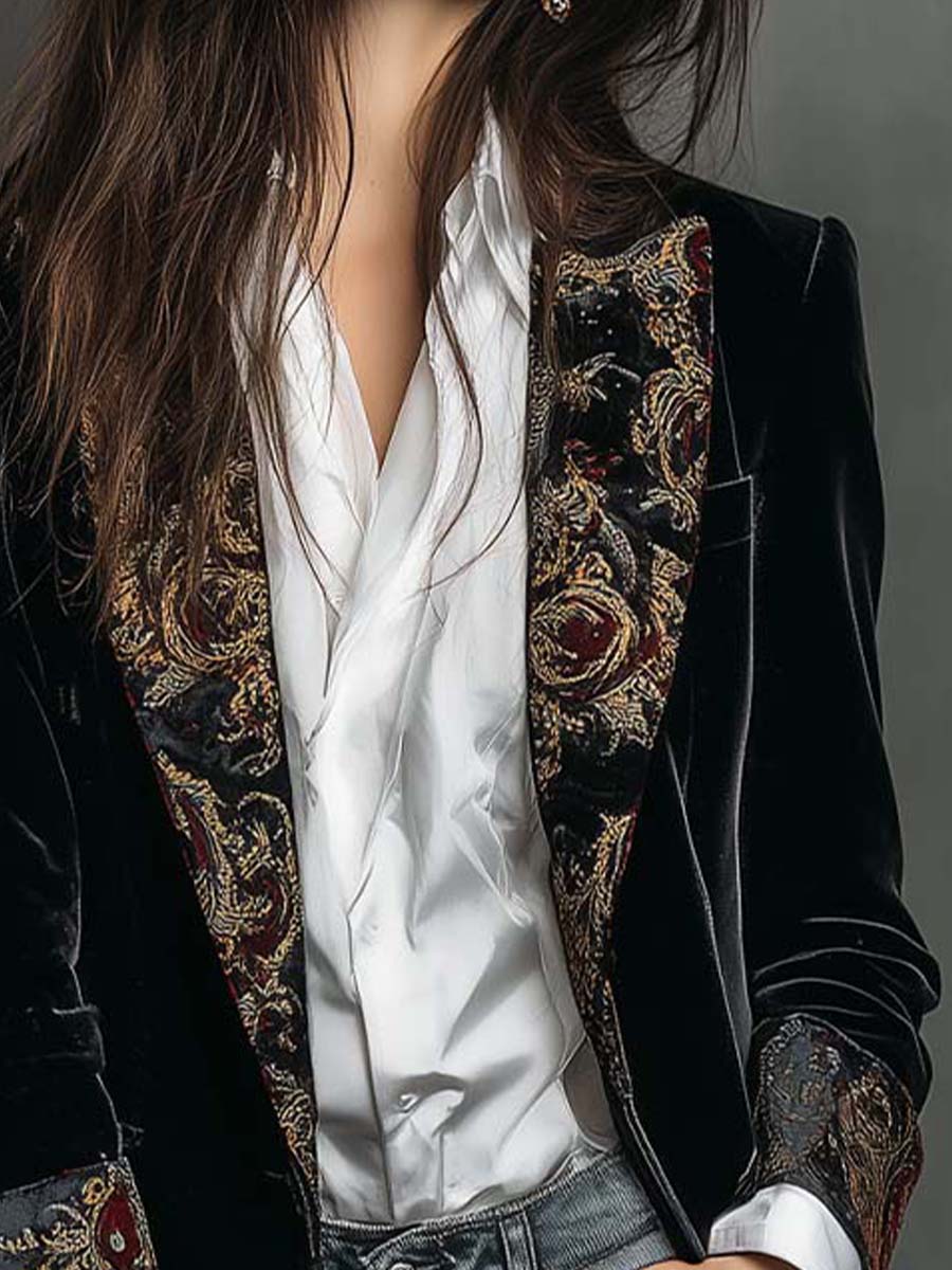 Damen Schwarzer Barockdruck Revers Slim Fit Blazer