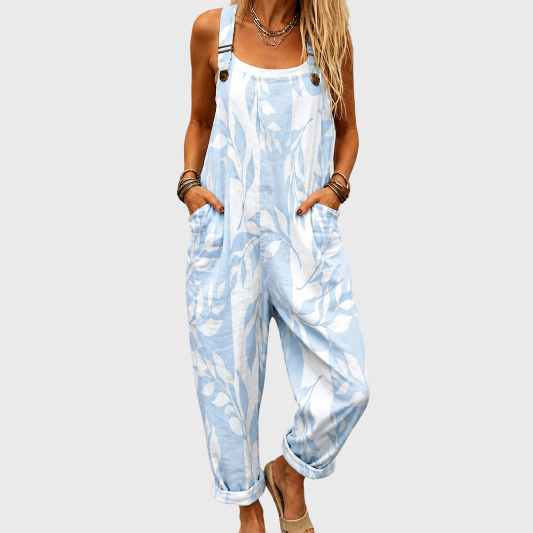Hellblaue Latzhose mit Blätterranken für Damen