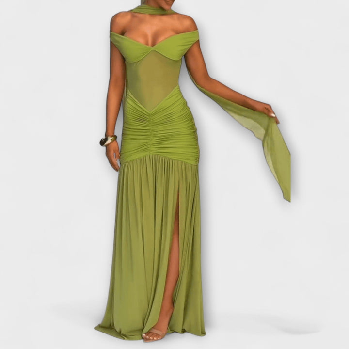 Nicole | Olivfarbenes V-Ausschnitt Maxikleid