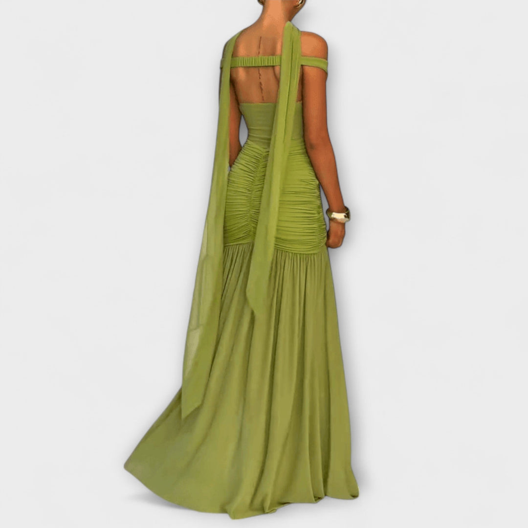 Nicole | Olivfarbenes V-Ausschnitt Maxikleid